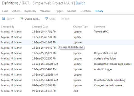 TFS 2015 Build definition history